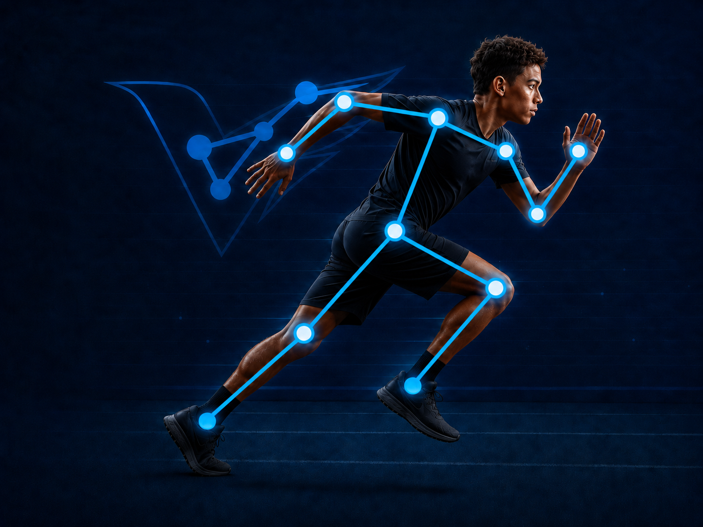 Athlete sprinting with Volantyx motion-capture skeleton overlay